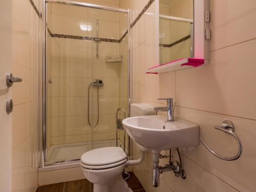 ein Bad mit einem WC, einem Waschbecken und einer Dusche in der Unterkunft House Kapitulac in Grižane