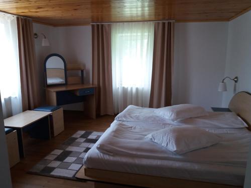 ブシュテニにあるVila Viitorulのベッドルーム1室(ベッド1台、デスク、窓付)