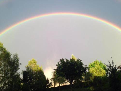a rainbow in the sky over some trees at Gite Le Paradis in Saint-Nabord