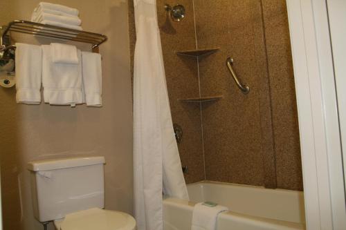 a bathroom with a toilet and a shower with towels at Holiday Inn Express Hotel Union City San Jose, an IHG Hotel in Union City