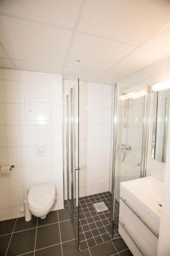 a bathroom with a toilet and a shower and a sink at Stavanger Housing Hotel in Stavanger