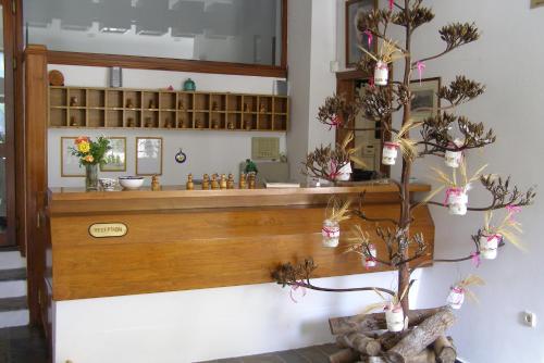a kitchen with a counter with a tree in it at Neos Omalos Hotel in Omalos