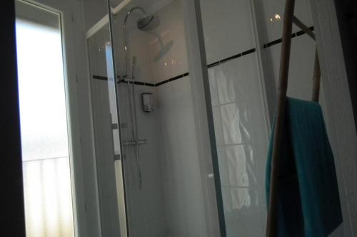 La salle de bains est pourvue d'une douche avec une porte en verre. dans l'établissement Appartement, à Saint Cyprien Plage