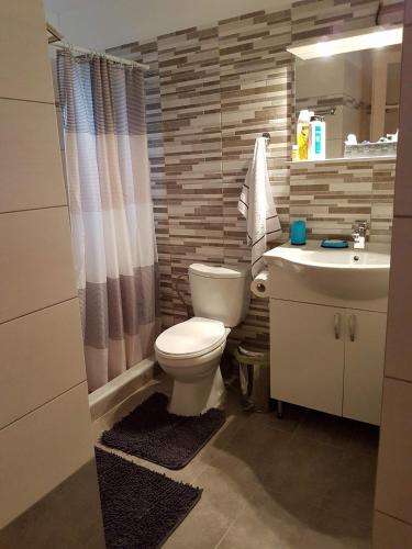une salle de bain avec toilettes et lavabo dans l'établissement Sunny holiday home, à Kalamata