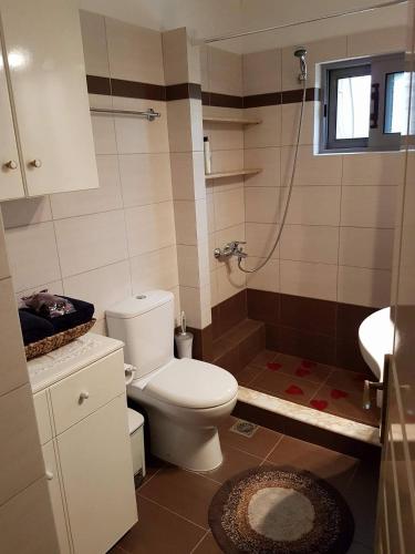 une salle de bain avec toilettes et douche dans l'établissement Sunny holiday home, à Kalamata