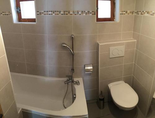 a bathroom with a shower and a toilet and a tub at maison colmars in Colmars