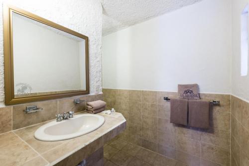 y baño con lavabo y espejo. en Hotel Abadia Plaza, en Guanajuato