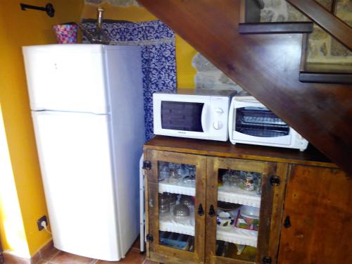 a microwave sitting on a cabinet next to a refrigerator at La caseta de Pedris in Valderrobres