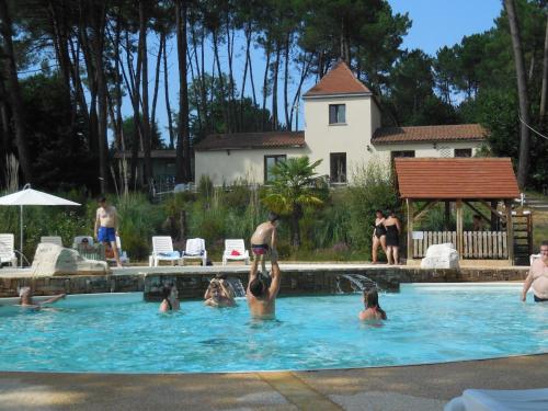 un groupe de personnes dans une piscine dans l'établissement DOMAINE des GRANDS PINS, à Tamniès