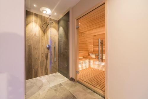 a bathroom with a shower and a walk in shower stall at Hotel Regent's in Andalo