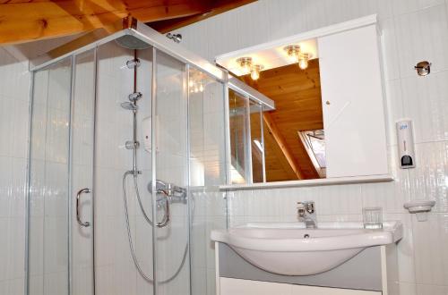 a bathroom with a shower and a sink at The Wooden Nest Arachova in Arachova