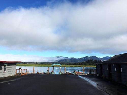 a dock with a view of a body of water at Wheeler on the Bay Lodge and Marina in Wheeler