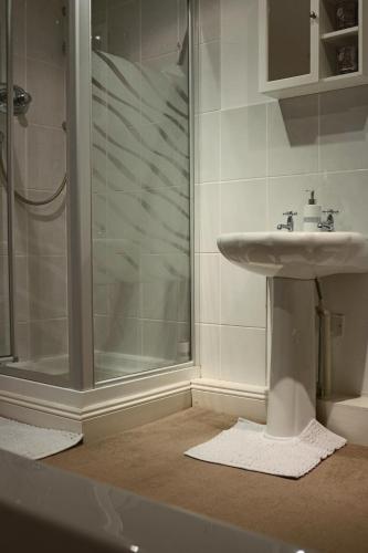 a bathroom with a sink and a shower at Bunny Meadows Holiday Farmhouse near Carmarthen & Pembrokeshire in Carmarthen