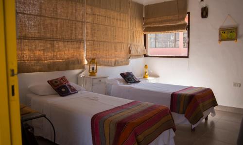 1 dormitorio con 2 camas y ventana en Cabañas Cultura Tafi en Tafí del Valle