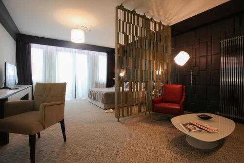 a hotel room with a bed and a desk and chair at Hotel Orhideea in Negreşti-Oaş