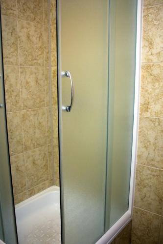 a shower with a glass door in a bathroom at Kremenisko II in Banská Štiavnica