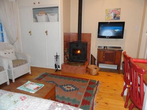 a living room with a fireplace and a tv at Eastbury Cottage in Hermanus