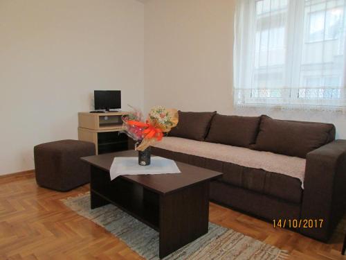 ein Wohnzimmer mit einem Sofa und einem Couchtisch in der Unterkunft Debora Apartment in Vrnjačka Banja