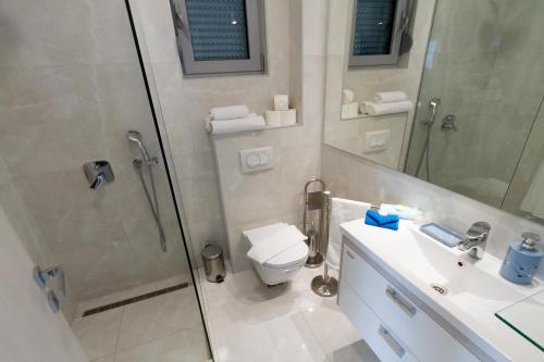 a bathroom with a shower and a toilet and a sink at Villa Blue Panorama in Budva