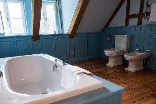 a blue bathroom with a tub and a toilet at meinsachsenwald forsthaus friedrichsruh in Aumühle