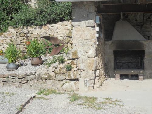 a stone wall with two potted plants next to a stone oven at Gite de Carboniès in Saint-Félix-de-Lunel