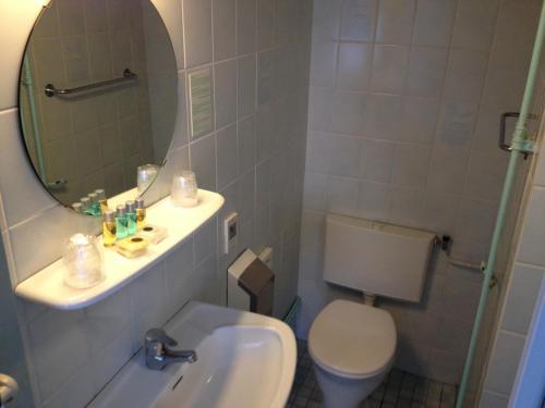 W łazience znajduje się umywalka, toaleta i lustro. w obiekcie Amadeus Hotel w mieście Haarlem