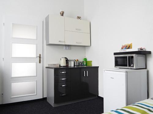 a small kitchen with a microwave and a refrigerator at Apartments Ostrava Vítkovice in Ostrava