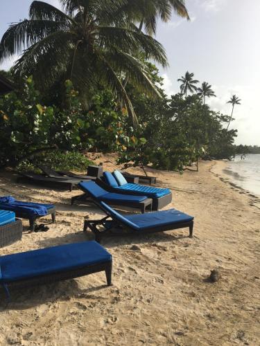 a group of blue lounge chairs on a beach at Apartment Balcones Del Atlantico in Las Terrenas