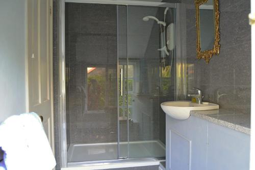 a bathroom with a shower and a sink at Spring Water Barn in Helston