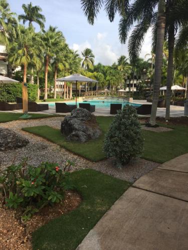 a garden with a rock and a swimming pool at Apartment Balcones Del Atlantico in Las Terrenas