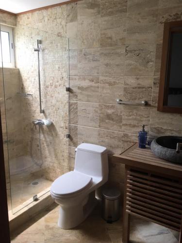 a bathroom with a toilet and a shower and a sink at Apartment Balcones Del Atlantico in Las Terrenas