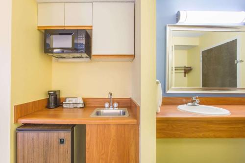 a small bathroom with a sink and a microwave at Days Inn by Wyndham Raleigh-Airport-Research Triangle Park in Morrisville