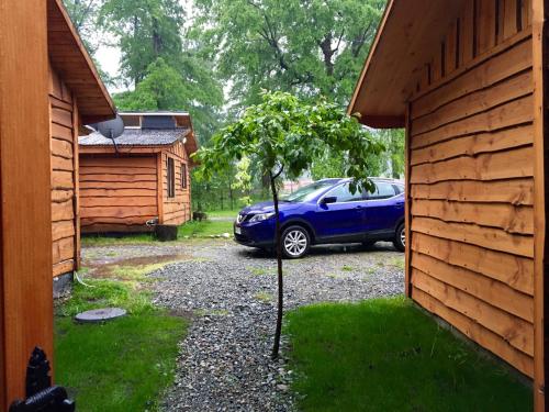 a blue car parked in the driveway of a house at Cabañas Peumayén Neltume in Neltume