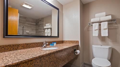 a bathroom with a sink and a toilet and a mirror at Best Western Inn Florence in Florence