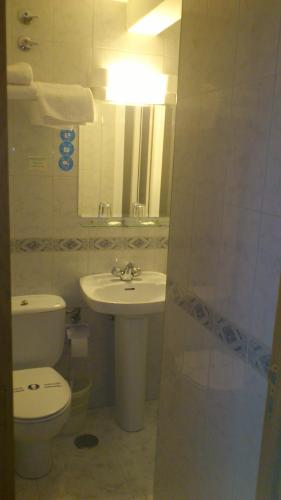 a bathroom with a sink and a toilet and a mirror at Hostal Juanito in Móstoles