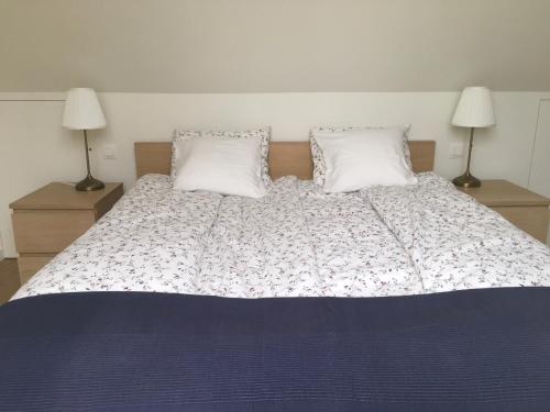 a bedroom with a bed with two pillows and two lamps at B&B Wannes Suite in Leuven