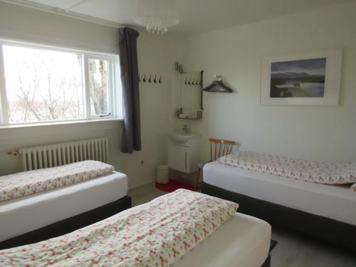 a bedroom with two beds and a window at Guesthouse Kálfafellsstadur in Kálfafellsstaður