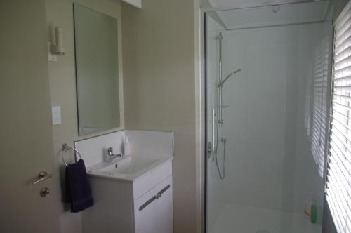 een witte badkamer met een wastafel en een douche bij Serenity on Brunskill in Cambridge