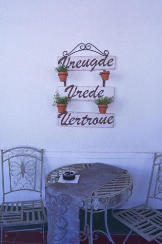 a table and two chairs and a sign on a wall at Lockerbie Lodge in Vryburg