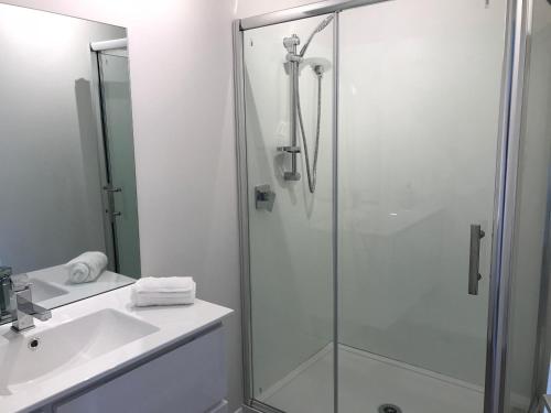 y baño con ducha acristalada y lavamanos. en Sycamore Villa, 2 bedroom apartment en Dunedin