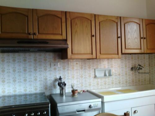 a kitchen with wooden cabinets and a stove at La Rosa dei Venti in Erli
