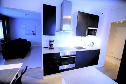 a kitchen with a sink and a stove top oven at Apartment City-Pekka in Rovaniemi