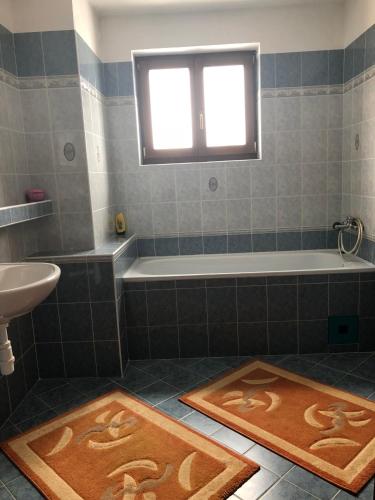 a bathroom with a bath tub and a sink at Adele Rooms Nova Lesna in Nová Lesná