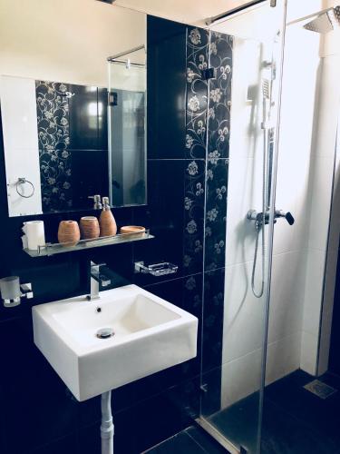 a bathroom with a sink and a glass shower at St CLAIRE'S GREEN Negombo Hotel & Hostels in Negombo