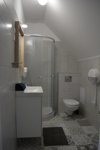 エゲルサロークにあるNapsugár Vendégházのバスルーム(洗面台、トイレ、シャワー付)