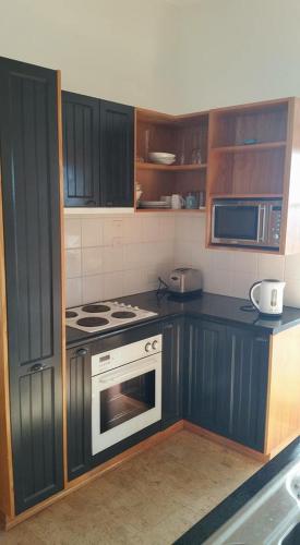 a kitchen with black cabinets and a white stove top oven at Province in Portland