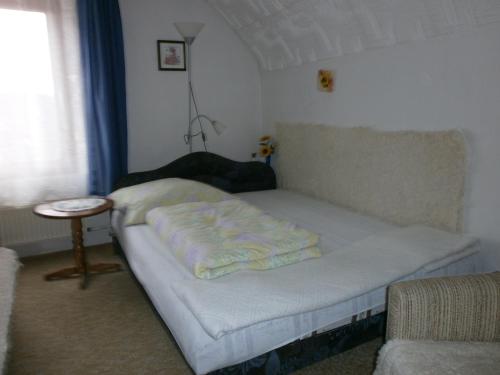 um pequeno quarto com uma cama e uma mesa em György Vendégház em Magyarpolány