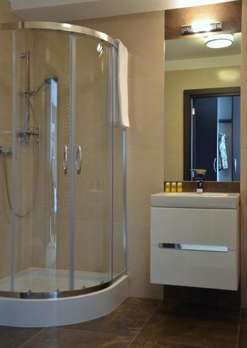 a bathroom with a shower and a sink at Hotel Avangarda in Różan