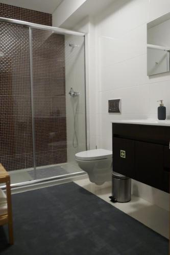 a bathroom with a shower and a toilet and a sink at Two Churches Apartment in Leiria