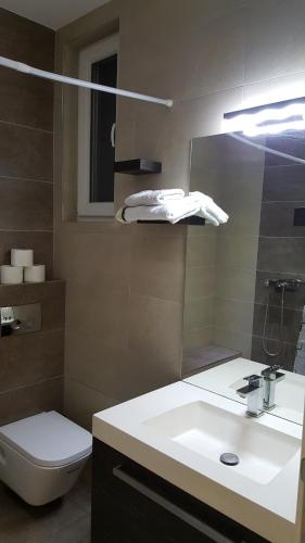 un bagno con lavandino, WC e specchio di De Luxe Republic Square Apartment of 100sqm a Belgrado